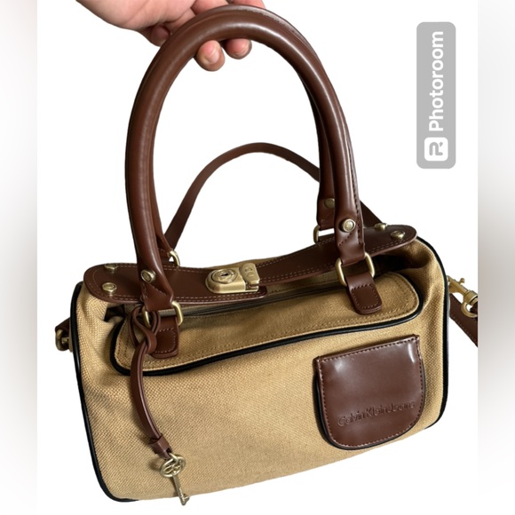 Calvin Klein Handbags - Calvin Klein Canvas & Leather Lock & Key Satchel Shoulder Bag Brown